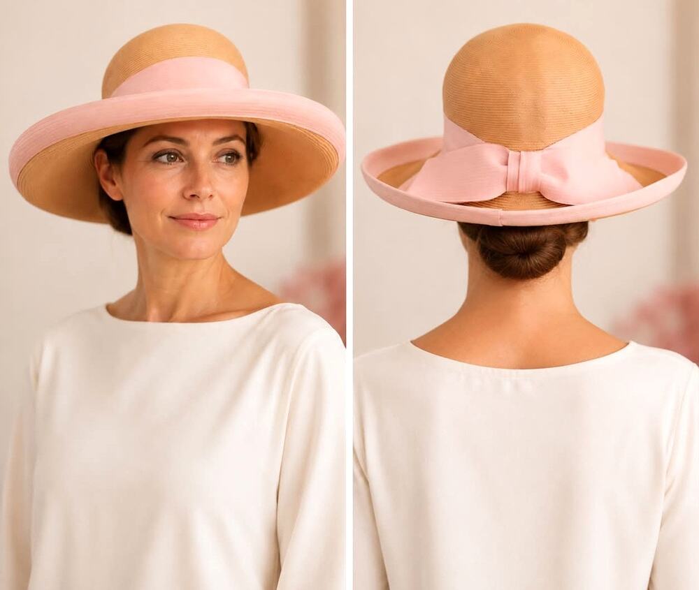Vintage Wide Brim Straw Hat Pink Trim Bow Elegant Ladies Statement Church Hat